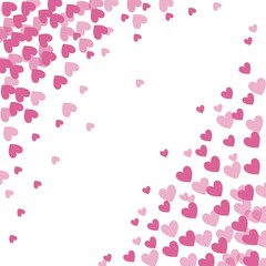 Sweet pink hearts confetti. Scatter cornered border on white valentine background. Hearts frame