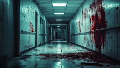 Disturbing depiction of a desolate hospital corridor soaked in sinister bloodstains