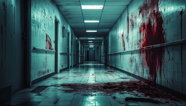 Disturbing depiction of a desolate hospital corridor soaked in sinister bloodstains