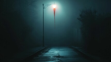 Eerie street bathed in fog, illuminated by a solitary lamppost creating a suspenseful atmosphere
