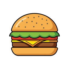 Burger Vector Illustration – Cartoon Cheeseburger with Lettuce, Tomato, and Cheese, Fast Food Icon for Menu, Sticker, and Branding Design