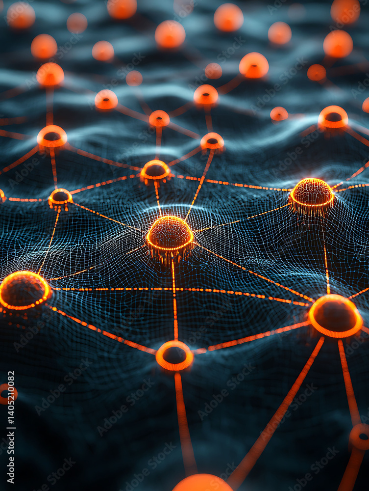 Poster abstract network visualization glowing nodes connected by lines, forming a dynamic, interconnected w