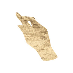 Index finger pointing, hand tapping on invisible screen. Gesture in golden metallic foil texture, press, swipe, interact. Interactive design element, right-hand posture, isolated on white background..