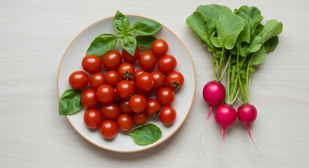 Fresh Ingredients Displaying Tomato Cherry And Radishes With Basil On a Plate