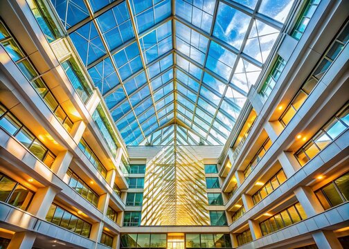 Modern Architectural Marvel: Captivating upward perspective of a sleek, modern building featuring an expansive glass ceiling, highlighting architectural brilliance and innovative design.