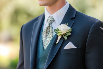 Close-up of Groom in Wedding Suit with Boutonni&egrave;re and Silk Tie. Elegant Formal Attire for Wedding or Special Occasion, Men&rsquo;s Fashion Concept