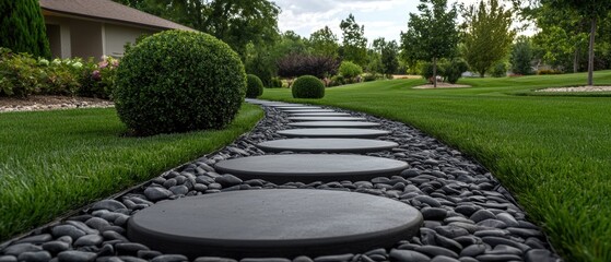 A winding path made of black pebbles and concrete slabs leads to a house in a lush garden.