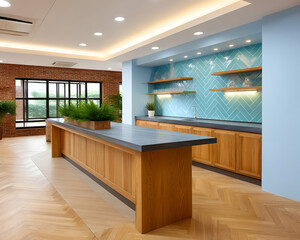 Modern kitchen with light wood cabinets, herringbone flooring, and a blue tile backsplash. Generative AI
