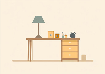 A wooden nightstand with a single drawer and a lamp on top. A simple 2D minimalist cartoon illustration. 