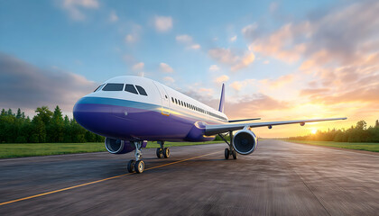 Obraz premium Passenger jet taxiing on runway at sunset (1). Generative AI