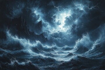 Fototapeta premium Stormy seas, dramatic mountain peaks, ominous clouds