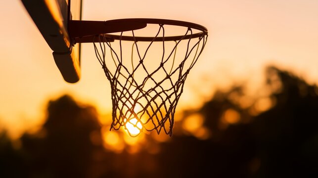 Basketball hoop with net and ball in outdoor setting