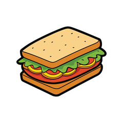 Sandwich Vector Illustration – Tasty Layered Sandwich with Bread, Lettuce, Cheese, and Meat in Flat Style for Menu Design and Food Branding