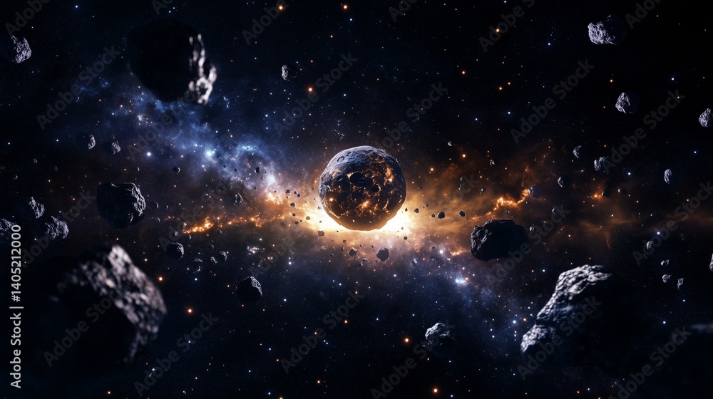 Poster celestial body surrounded by asteroids in space
