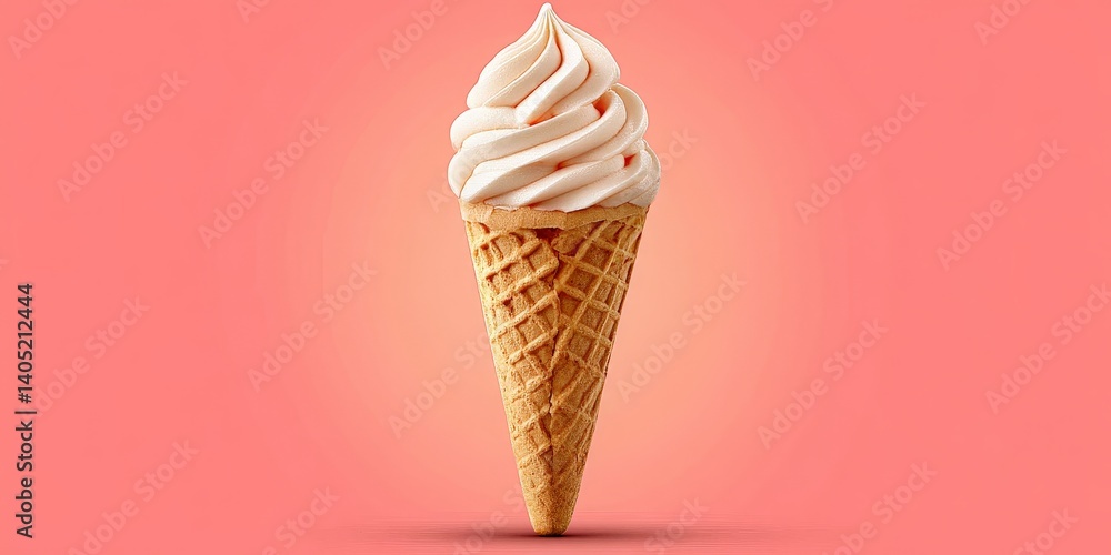 Poster single vanilla swirl soft serve cone in crispy wafer held against pink gradient background in vertic