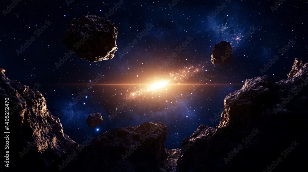 Poster ethereal cosmic scene with asteroids floating in space