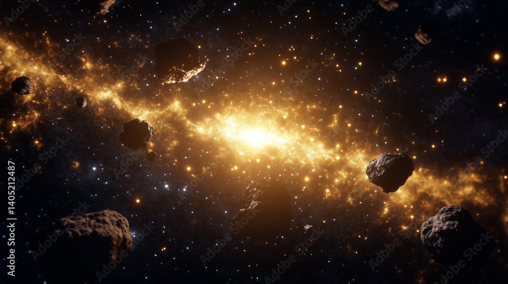Poster ethereal cosmic scene with asteroids floating in space