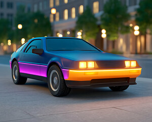 Retro futuristic car parked on city street at night. Generative AI