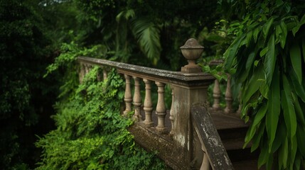 Obraz premium Overgrown ancient stone railing in lush forest environment
