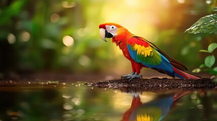 Obraz premium Vibrant Scarlet Macaw Perched by Tranquil Water in Lush Green Jungle Setting at Sunset