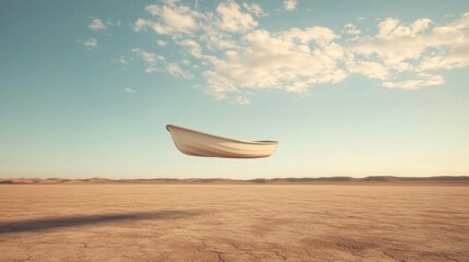 Floating rowboat over a desert landscape.