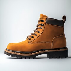 Stylish Leather Work Boot with Laces Isolated on White Background