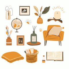 Cozy Home Decor Vector Set Flat Style Interior Elements