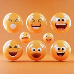 Fototapeta premium Floating Emoji Faces Expressing Various Emotions on an Orange Background