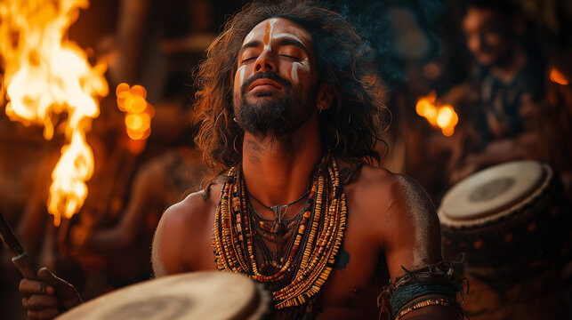 Summer Soltice Festival, Tribal Drummer in Firelight Ritual Ceremony, Ai Generated Images.
