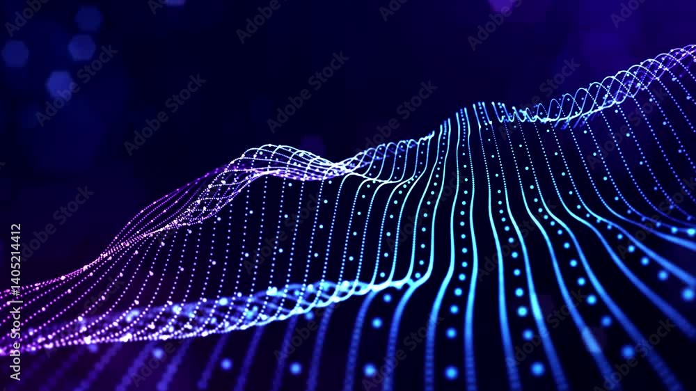 Poster vj loops strings. this is an abstract digital landscape featuring vibrant flowing lines and dots ren