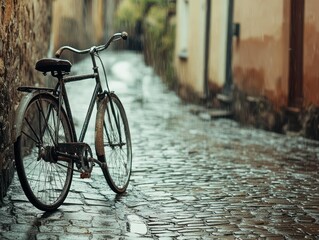 Fototapeta premium Vintage bicycle on cobblestone street during a rainy day reflecting its nostalgia