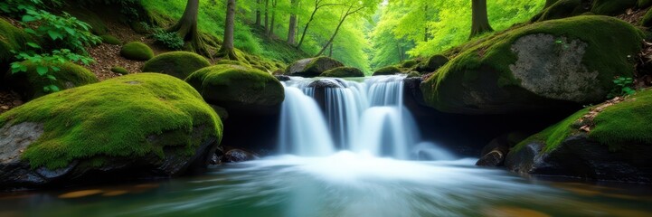 Obraz premium Serene park waterfall cascading over moss-covered rocks , tranquil, park, relaxation