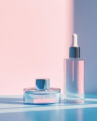 Elegant cosmetic bottles in pastel setting embodying serene beauty product presentation