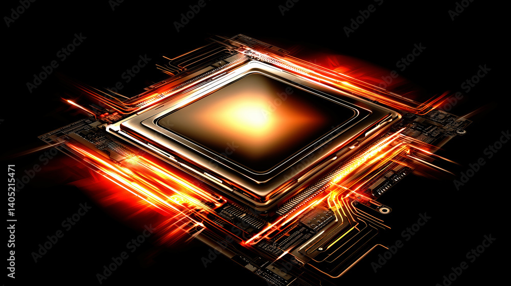 Poster glowing hot computer processor radiating energy, symbolizing high performance computing or overheati