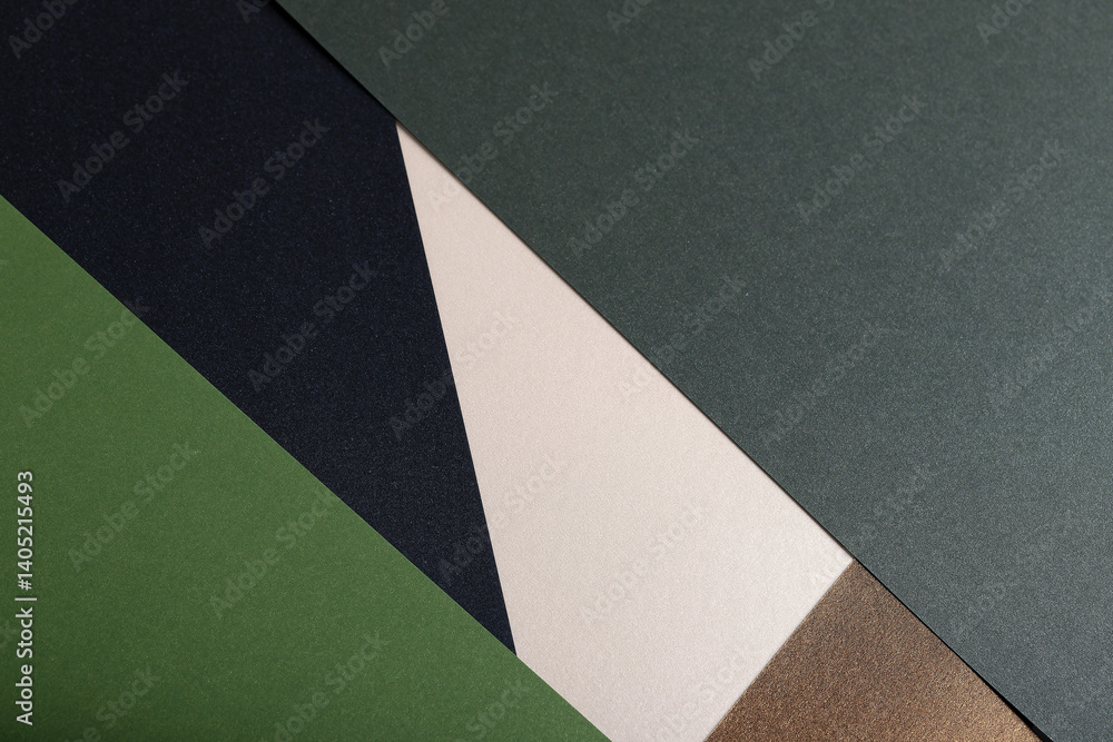Aufkleber Matte designer paper texture with layered, diagonal composition. Elegant, smooth surface in soft beige, pastel green, and metallic brown with a touch of shimmer. Chic, earthy contrast in dark green,.
