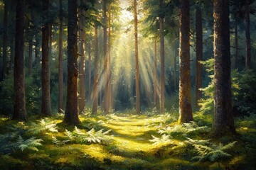 Obraz premium Sunlight streams through a tranquil forest path (1)