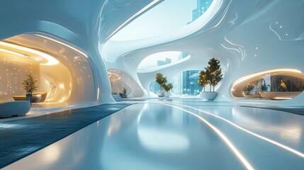 An expansive futuristic showroom with curved walls, glowing accents, and ambient floor lighting