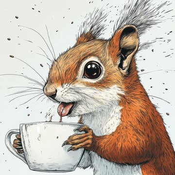 comic-style illustration of a charismatic squirrel with crazy eyes tasting coffee from a large mug with its tongue