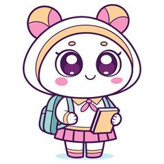 Cartoon Kawaii Schoolgirl with Backpack and Book on Transparent Background