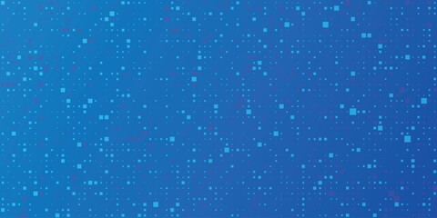 Pixel background, abstract blue mosaic colored bg with bright particles. Square pixel pattern for finance, business, tech presentation, cover, media design. Vector illustration.
