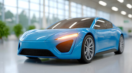 Sleek blue sports car in modern showroom. Generative AI
