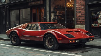 Classic Red Sports Car Parked on City Street. Vintage Muscle Car with Retro Design in Urban Environment, Automotive Enthusiast and Luxury Concept