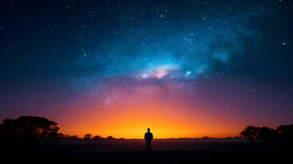 Solitary figure silhouetted against a vibrant sunset and star-filled night sky. Generative AI
