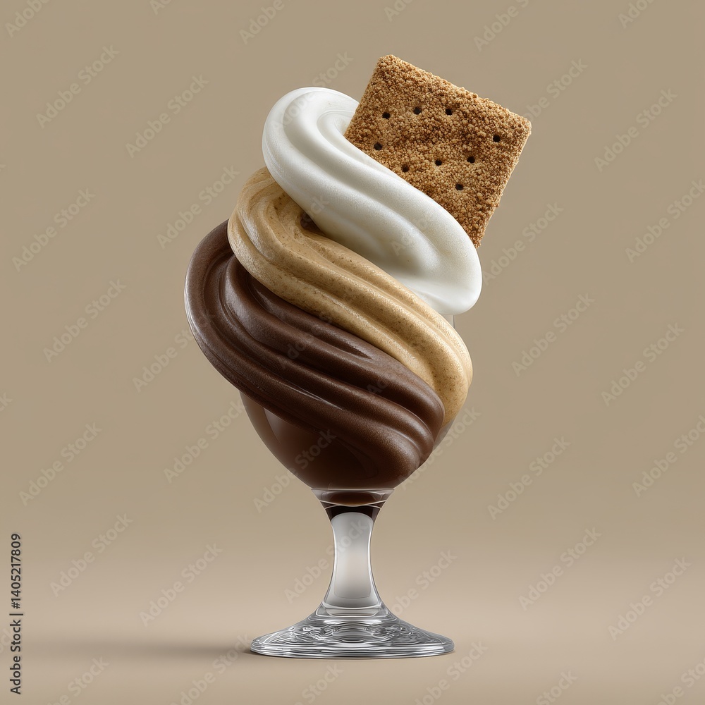 Aufkleber swirled vanilla and chocolate soft serve ice cream in a glass dessert cup topped with graham cracker