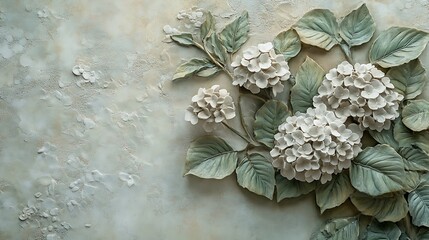 Wabi-sabi porcelain artwork featuring white flowers and delicate green leaves photo