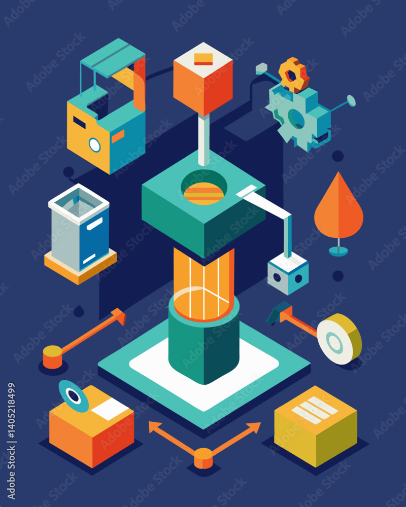Poster use of 3d printing technology to reduce material waste and produce more precise products.. vector il