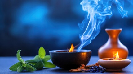 Tranquil scene of aromatic candles and incense with smoke curling in a serene blue background