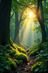 Sun's rays pierce dense leaves, illuminating mossy undergrowth , image, landscape