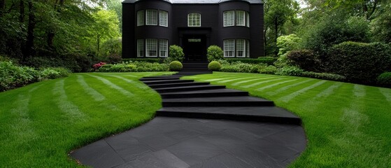 A black house with white trim and a black stone pathway.