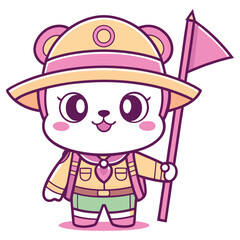 Cartoon bear in safari hat holding flag, smiling on transparent background, cute design